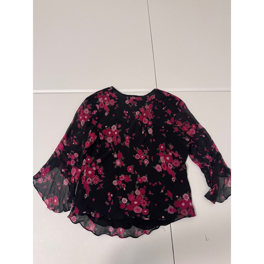 Anne Carson Black Floral Sheer V-Neck Blouse with Pink Flowers - Picture 3 of 6